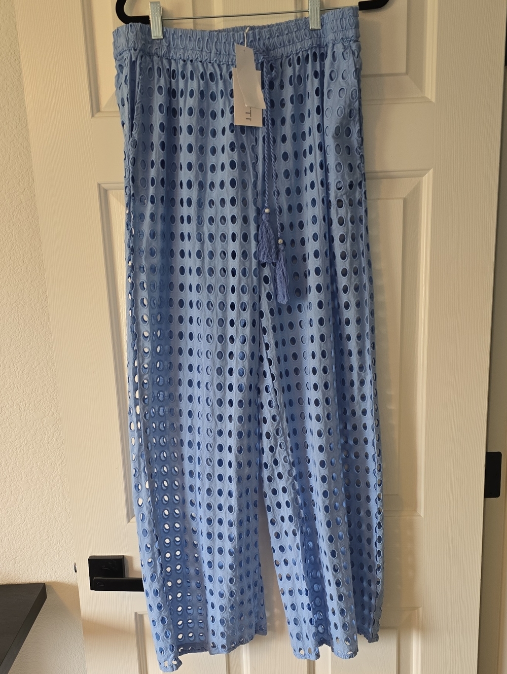 Dotti Light Blue Eyelet Wide-Leg Coverup Pants with Tassel Tie Sz Lg